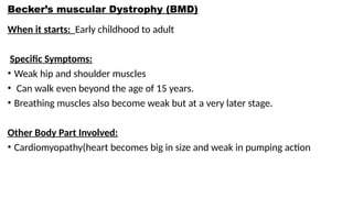 Becker’s muscular Dystrophy (BMD)
When it starts: Early childhood to adult
Specific Symptoms:
• Weak hip and shoulder muscles
• Can walk even beyond the age of 15 years.
• Breathing muscles also become weak but at a very later stage.
Other Body Part Involved:
• Cardiomyopathy(heart becomes big in size and weak in pumping action
 
