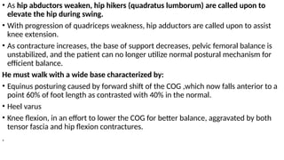 • As hip abductors weaken, hip hikers (quadratus lumborum) are called upon to
elevate the hip during swing.
• With progression of quadriceps weakness, hip adductors are called upon to assist
knee extension.
• As contracture increases, the base of support decreases, pelvic femoral balance is
unstabilized, and the patient can no longer utilize normal postural mechanism for
efficient balance.
He must walk with a wide base characterized by:
• Equinus posturing caused by forward shift of the COG ,which now falls anterior to a
point 60% of foot length as contrasted with 40% in the normal.
• Heel varus
• Knee flexion, in an effort to lower the COG for better balance, aggravated by both
tensor fascia and hip flexion contractures.
.
 