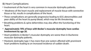 B) Heart Complications
• Involvement of the heart is very common in muscular dystrophy patients.
• Weakness of the heart muscle and replacement of muscle tissue with connective
tissue or fat, results in complications of the heart.
• These complications are generally progressive leading to ECG abnormalities and
poor ability of the heart to pump blood, which may be life threatening.
• Breathing problems & spine deformities may also affect the functioning of the
heart.
• Approximately 70% of boys with Becker’s muscular dystrophy have cardiac
involvement by age 20.
• Heart problems in Becker’s muscular dystrophy are worse than in Duchenne
muscular dystrophy patients.
• Myotonic dystrophy type 1 has more than one system affected with prominent
heart problems leading to an increased incidence of sudden death.
 