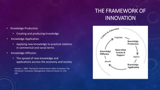 THE FRAMEWORK OF
INNOVATION
• Knowledge Production
• Creating and producing knowledge
• Knowledge Application
• Applying new knowledge to practical sitations
in commerical and social terms
• Knowledge Diffusion
• The spread of new knowledge and
applications accross the economy and society
Jaaniste, L. 2009. ‘Placing the Creative Sector within Innovation: The
Full Gamut.’ Innovation: Management, Policy & Practice 11; 215-
229.
 