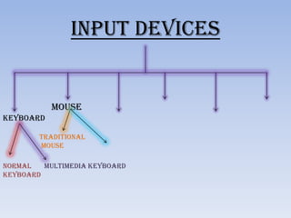 Input devices

mouse
keyboard
Traditional
mouse
Normal
Multimedia keyboard
keyboard

 