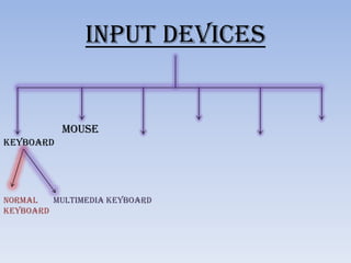 Input devices

mouse
keyboard

Normal
Multimedia keyboard
keyboard

 