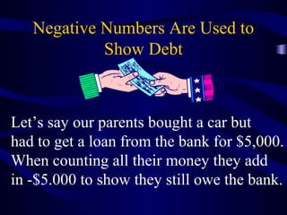 Negative Numbers Are Used to 
Show Debt 
Let’s say our parents bought a car but 
had to get a loan from the bank for $5,000. 
When counting all their money they add 
in -$5.000 to show they still owe the bank. 
 