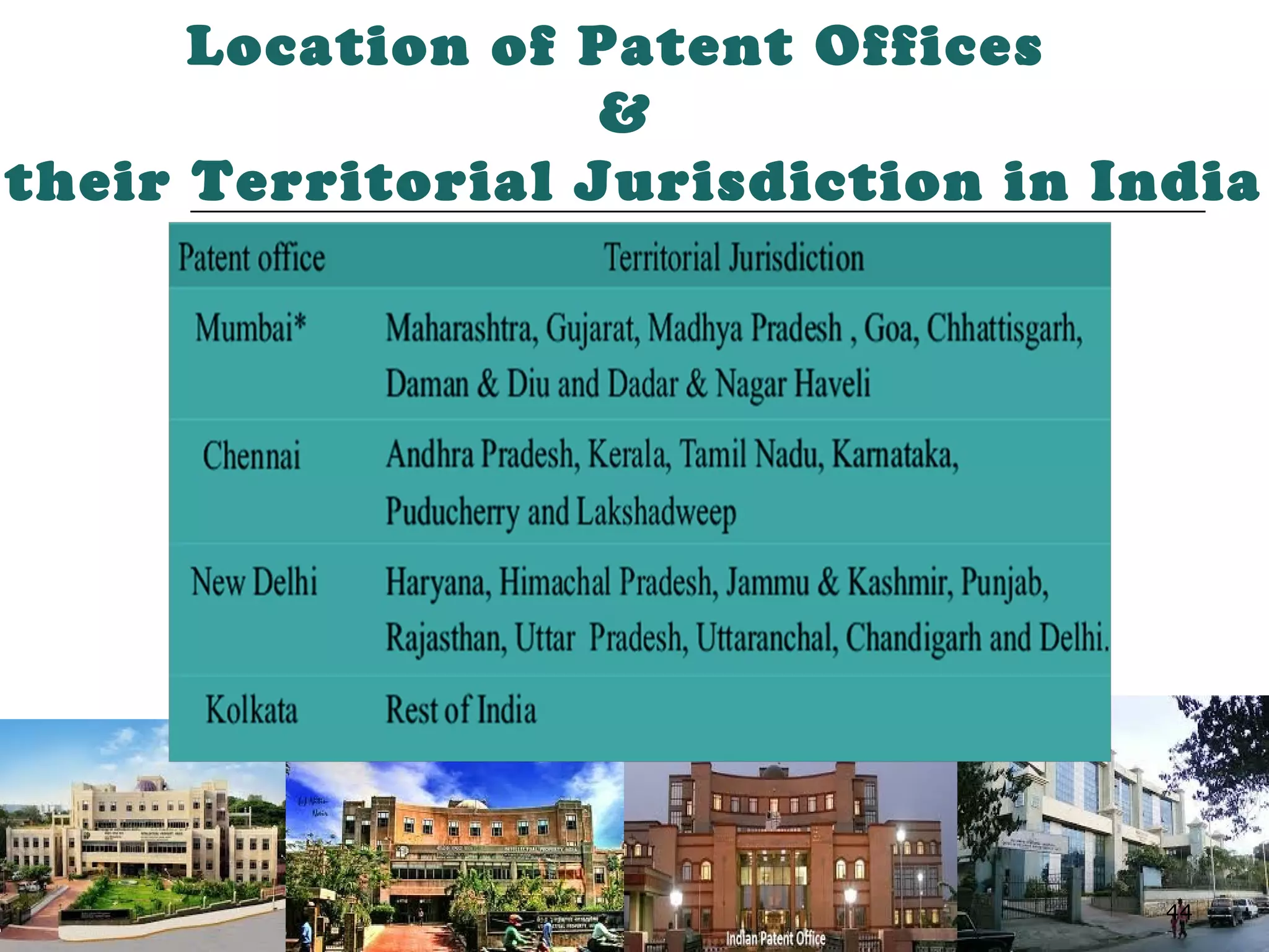 44
Location of Patent Offices
&
their Territorial Jurisdiction in India
 
