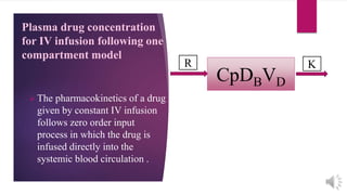 Plasma drug concentration
for IV infusion following one
compartment model
 The pharmacokinetics of a drug
given by constant IV infusion
follows zero order input
process in which the drug is
infused directly into the
systemic blood circulation .
CpDBVD
R K
 