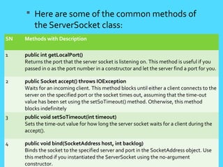  Here are some of the common methods of
the ServerSocket class:
CoreJava Tutorial
SN Methods with Description
1 public int getLocalPort()
Returns the port that the server socket is listening on. This method is useful if you
passed in 0 as the port number in a constructor and let the server find a port for you.
2 public Socket accept() throws IOException
Waits for an incoming client. This method blocks until either a client connects to the
server on the specified port or the socket times out, assuming that the time-out
value has been set using the setSoTimeout() method. Otherwise, this method
blocks indefinitely
3 public void setSoTimeout(int timeout)
Sets the time-out value for how long the server socket waits for a client during the
accept().
4 public void bind(SocketAddress host, int backlog)
Binds the socket to the specified server and port in the SocketAddress object. Use
this method if you instantiated the ServerSocket using the no-argument
constructor.
 