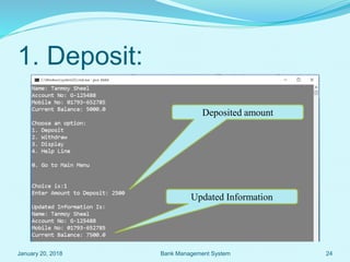 1. Deposit:
Deposited amount
Updated Information
January 20, 2018 24Bank Management System
 