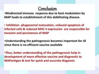 •Misdirected immune response due to host modulation by
MAP leads to establishment of this debilitating disease.
• Inhibition phagosomal maturation, reduced apoptosis of
infected cells & reduced MHC II expression are responsible for
Invasion and persistence of MAP
•Understanding the pathogenesis becomes important for JD
since there is no efficient vaccine available
•Thus, better understanding of the pathogenesis help in
development of more effective vaccine and diagnostic to
MAPantigen & test for quick and accurate diagnosis
Conclusion
 