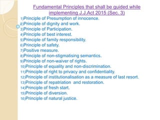 Fundamental Principles that shall be guided while
implementing J.J.Act 2015 (Sec. 3)
1)Principle of Presumption of innocence.
2)Principle of dignity and work.
3)Principle of Participation.
4)Principle of best interest.
5)Principle of family responsibility.
6)Principle of safety.
7)Positive measure.
8)Principle of non-stigmatising semantics.
9)Principle of non-waiver of rights.
10)Principle of equality and non-discrimination.
11)Principle of right to privacy and confidentiality.
12)Principle of institutionalisation as a measure of last resort.
13)Principle of repatriation and restoration.
14)Principle of fresh start.
15)Principle of diversion.
16)Principle of natural justice.
 