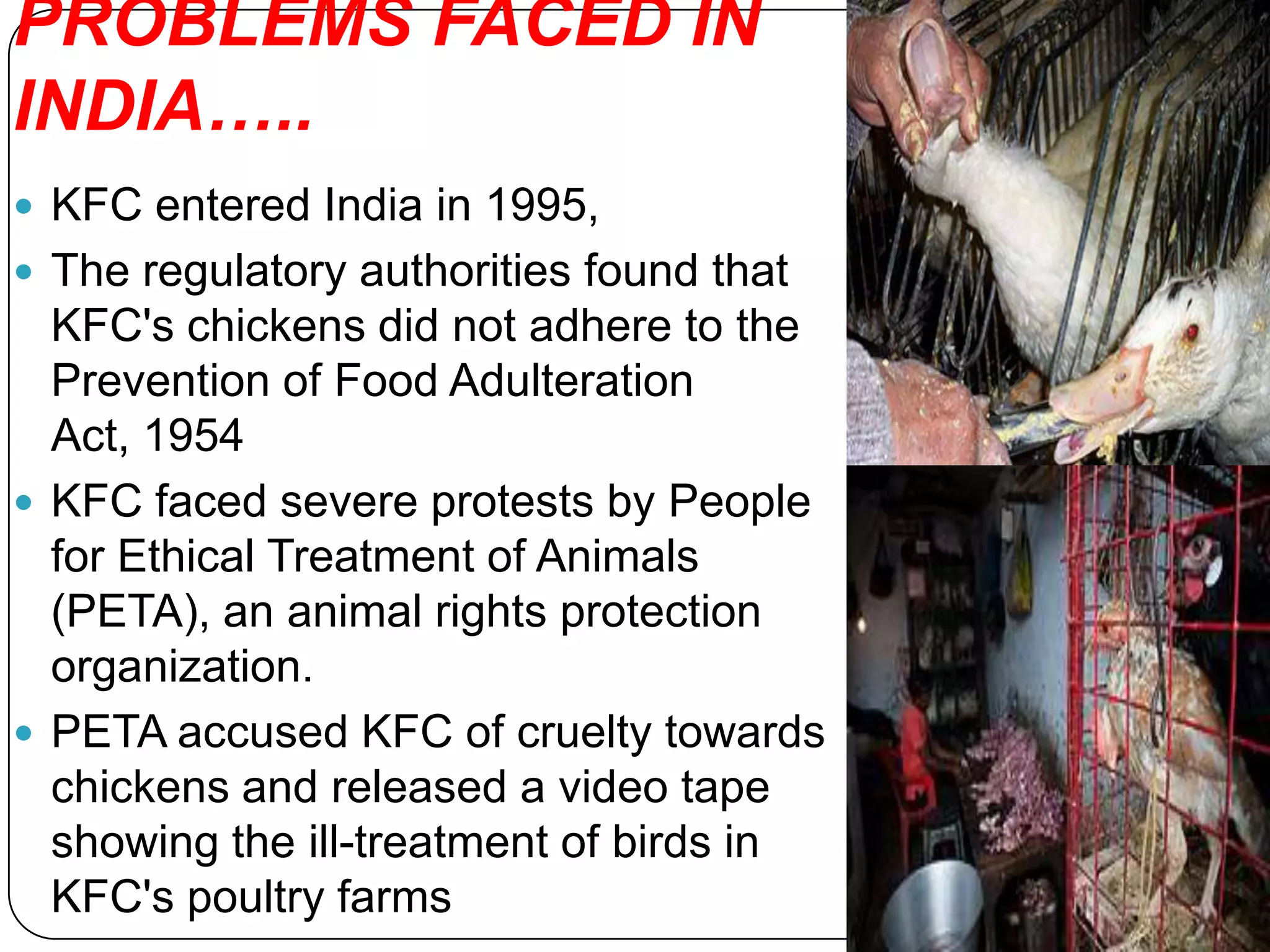 PROBLEMS FACED IN
INDIA…..
 KFC entered India in 1995,
 The regulatory authorities found that
  KFC's chickens did not adhere to the
  Prevention of Food Adulteration
  Act, 1954
 KFC faced severe protests by People
  for Ethical Treatment of Animals
  (PETA), an animal rights protection
  organization.
 PETA accused KFC of cruelty towards
  chickens and released a video tape
  showing the ill-treatment of birds in
  KFC's poultry farms
 