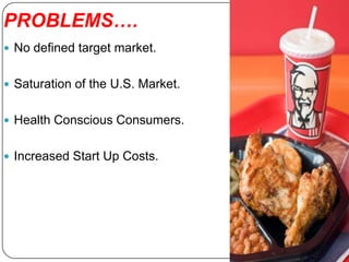 PROBLEMS….
 No defined target market.


 Saturation of the U.S. Market.


 Health Conscious Consumers.


 Increased Start Up Costs.
 