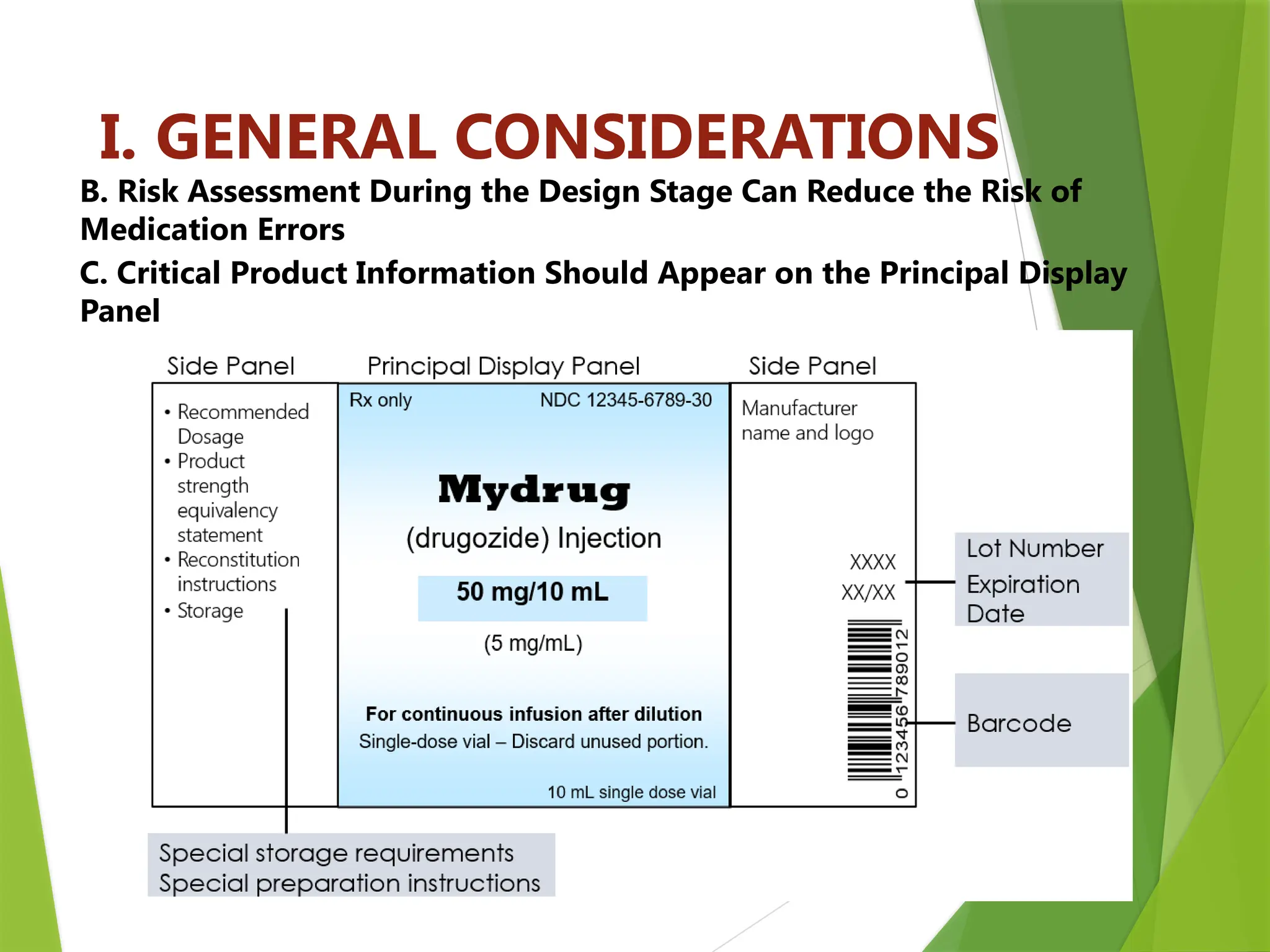 12
I. GENERAL CONSIDERATIONS
B. Risk Assessment During the Design Stage Can Reduce the Risk of
Medication Errors
C. Critical Product Information Should Appear on the Principal Display
Panel
 