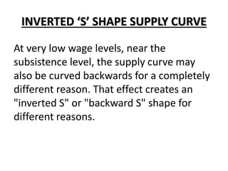 INVERTED ‘S’ SHAPE SUPPLY CURVE
At very low wage levels, near the
subsistence level, the supply curve may
also be curved backwards for a completely
different reason. That effect creates an
"inverted S" or "backward S" shape for
different reasons.
 