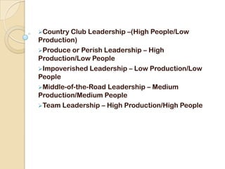 According to Hersey and Blanchard, there are four main leadership styles:Telling (S1) – Leaders tell their people exactly what to do, and how to do it.Selling (S2) – Leaders still provide information and direction, but there's more communication with followers. Leaders "sell" their message to get the team on board.Participating (S3) – Leaders focus more on the relationship and less on direction. The leader works with the team, and shares decision-making responsibilities.Delegating (S4) – Leaders pass most of the responsibility onto the follower or group. The leaders still monitor progress, but they're less involved in decisions.