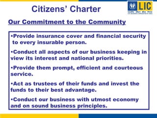 Citizens’ Charter Our Commitment to the Community Provide insurance cover and financial security  to every insurable person. Conduct all aspects of our business keeping in view its interest and national priorities. Provide them prompt, efficient and courteous service. Act as trustees of their funds and invest the funds to their best advantage. Conduct our business with utmost economy and on sound business principles. 