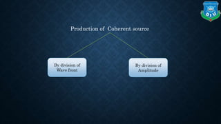 Production of Coherent source
By division of
Wave front
By division of
Amplitude
 