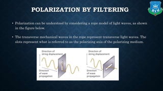 POLARIZATION BY FILTERING
• Polarization can be understood by considering a rope model of light waves, as shown
in the figure below.
• The transverse mechanical waves in the rope represent transverse light waves. The
slots represent what is referred to as the polarizing axis of the polarizing medium.
 