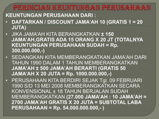 KEUNTUNGAN PERUSAHAAN DARI :
• DAFTARKAN / DISCOUNT JAMA’AH 10 (GRATIS 1 = 20
  JUTA)
• JIKA JAMA’AH KITA BERANGKATKAN ± 150
  JAMA’AH,GRATIS ADA 15 ORANG X 20 JT (TOTALNYA
  KEUNTUNGAN PERUSAHAAN SUDAH = Rp.
  300.000.000,-)
• SEDANGKAN KITA MEMBERANGKATKAN JAMA’AH DARI
  TAHUN 1990 DALAM 1 TAHUN MEMBERANGKATKAN
  JAMA’AH ± 500 JAMA’AH BERARTI (GRATIS 50
  JAMA’AH X 20 JUTA = Rp. 1000.000.000,-)
• PERUSAHAAN KITA BERDIRI SEJAK Tgl. 09 FEBRUARI
  1990 S/D 13 MEI 2008 MEMBERANGKATKAN SECARA
  KONVENSIONAL ± 18 TAHUN BERJALAN SUDAH
  MEMBERANGKATKAN (27.000 JAMA’AH : 10 JAMA’AH =
  2700 JAMA’AH GRATIS X 20 JUTA = SUBTOTAL LABA
  PERUSAHAAN = Rp. 54.000.000.000,- )
 