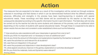 Action
The measures that are expected to be taken as a result of this investigation will be carried out through evidence
collected in recordings and field diaries in which it can be demonstrated firsthand what the different problems,
advances, difficulties and strengths in the process have been teaching-learning in students with special
educational needs. These recordings and field diaries will be coordinated by the teacher so that they are
subsequently tabulated according to the specific information found in said information. This field diary will not only
be carried out by the teacher but also by some students and observers of the process, such as additional tutors
depending on the number of students with special educational needs. Through these it is expected to be able to
obtain results that are clear and consistent under established criteria such as the following:
1º How would you rate coexistence with your classmates in general from one to ten?
2nd Do you think it is important and / or necessary to have an additional tutor?
3rd, do you think the amount of information and explanations imparted by the teacher is relevant?
4th, were the activities fun and relevant for all students?
5th, was there an integration in the group?
6th, were the purposes and objectives in class development clear?
7th, what aspects would you improve in the games, explanations or activities developed?
8th Do you think the materials, tools and dynamics were relevant?
Among others.
life.
 