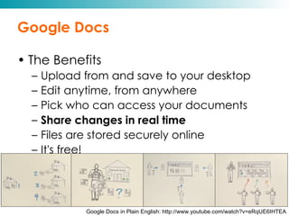 Google Docs The Benefits Upload from and save to your desktop Edit anytime, from anywhere Pick who can access your documents Share changes in real time Files are stored securely online It's free! Google Docs in Plain English: http://www.youtube.com/watch?v=eRqUE6IHTEA 