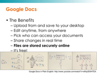 Google Docs The Benefits Upload from and save to your desktop Edit anytime, from anywhere Pick who can access your documents Share changes in real time Files are stored securely online It's free! Google Docs in Plain English: http://www.youtube.com/watch?v=eRqUE6IHTEA 