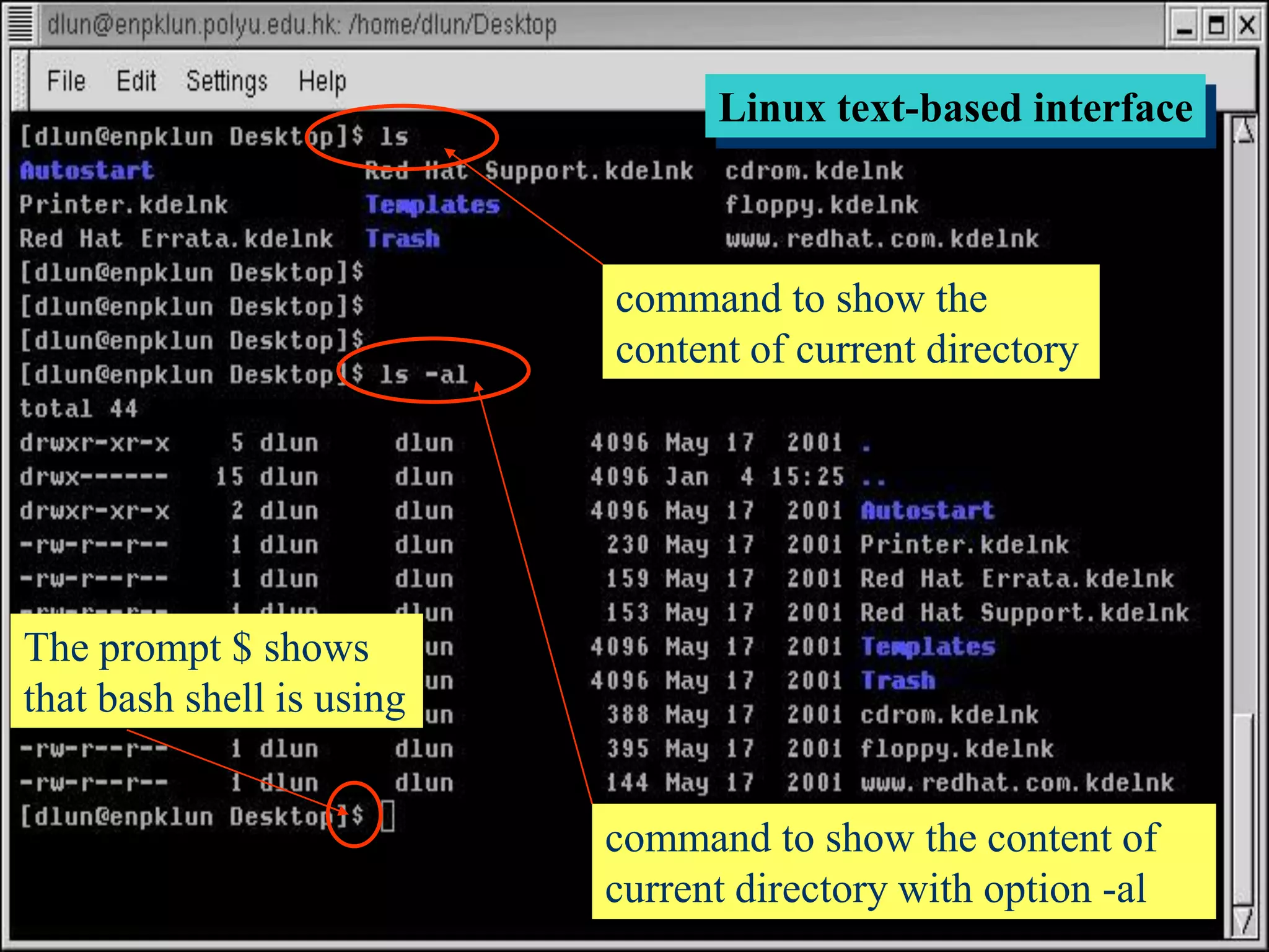 Linux text-based interface

command to show the
content of current directory

The prompt $ shows
that bash shell is using

70

command to show the content of
current directory with option -al

 