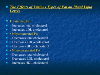 The Effects of Various Types of Fat on Blood Lipid Levels •  Saturated Fat –  Increases total cholesterol –  Increases LDL-cholesterol •  Polyunsaturated Fat –  Decreases total cholesterol –  Decreases LDL-cholesterol –  Decreases HDL-cholesterol •  Monounsaturated Fat –  Decreases total cholesterol –  Decreases LDL-cholesterol –  Increases HDL-cholesterol 