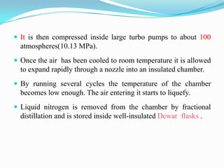  It is then compressed inside large turbo pumps to about 100
  atmospheres(10.13 MPa).
 Once the air has been cooled to room temperature it is allowed
  to expand rapidly through a nozzle into an insulated chamber.
 By running several cycles the temperature of the chamber
  becomes low enough. The air entering it starts to liquefy.
 Liquid nitrogen is removed from the chamber by fractional
  distillation and is stored inside well-insulated Dewar flasks .
 
