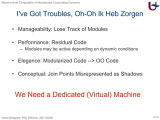 I've Got Troubles, Oh-Oh Ik Heb Zorgen Manageability: Lose Track of Modules Performance: Residual Code Modules may be active depending on dynamic conditions Elegance: Modularized Code --> OO Code Conceptual: Join Points Misrepresented as Shadows We Need a Dedicated (Virtual) Machine 