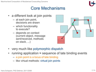 Core Mechanisms a different look at join points at each join point, decisions are drawn which functionality  to execute? depends on context (current object, message sent/received, methods on stack, ...) very much like  polymorphic dispatch running application ≈ sequence of late binding events a join point is a locus of late binding like virtual methods:  virtual join points 