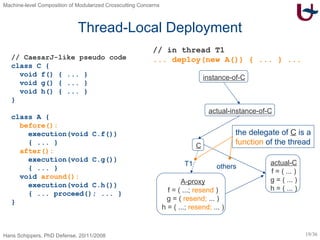 Thread-Local Deployment // CaesarJ-like pseudo code class C { void f() { ... } void g() { ... } void h() { ... } } class A { before(): execution(void C.f()) { ... } after(): execution(void C.g()) { ... } void  around(): execution(void C.h()) { ... proceed(); ... } } // in thread T1 ... deploy(new A()) { ... } ... actual-C f = ( ... ) g = ( ... ) h = ( ... ) C instance-of-C actual-instance-of-C A-proxy f = ( ...;  resend  ) g = (  resend;  ... ) h = ( ...;  resend;  ... ) the delegate of  C  is a function  of the thread T1 others 