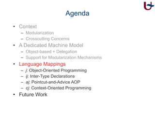 Agenda Context Modularization Crosscutting Concerns A Dedicated Machine Model Object-based + Delegation Support for Modularization Mechanisms Language Mappings j : Object-Oriented Programming ij : Inter-Type Declarations aj : Pointcut-and-Advice AOP cj : Context-Oriented Programming Future Work 
