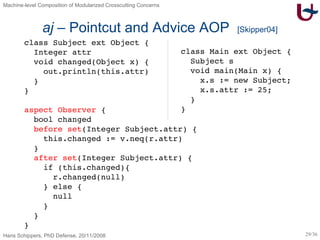 aj  – Pointcut and Advice AOP  [Skipper04] class Subject ext Object { Integer attr void changed(Object x) { out.println(this.attr) } } aspect Observer  { bool changed before set (Integer Subject.attr) { this.changed := v.neq(r.attr) } after set (Integer Subject.attr) { if (this.changed){ r.changed(null) } else { null } } } class Main ext Object { Subject s void main(Main x) { x.s := new Subject; x.s.attr := 25; } } 