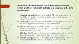 Here is the collated a list of stocks from various sectors,
which are likely to benefit as India marches forward on the
growth map:
 Infrastructure sector: Larsen and Toubro, IRB Infra and Adani Ports
should be the key beneficiaries of policy moves on building
transport infrastructure
 Power Sector: Power Grid Corp should be the biggest beneficiary of
the second generation reforms in the power sector
 Banking: Axis Bank, ICICI Bank, SBI, PFC and REC should be the key
beneficiaries of India's big infra opportunity, given their domain
expertise in Infra financing.
 Oil & Gas: ONGC is set to emerge as the biggest beneficiary of the
dramatic reduction in fuel subsidy over the next five years.
 Metals & Mining: Tata Steel, JSW Steel and UltraTech should be key
beneficiaries of India's move to materials intensive growth.
 