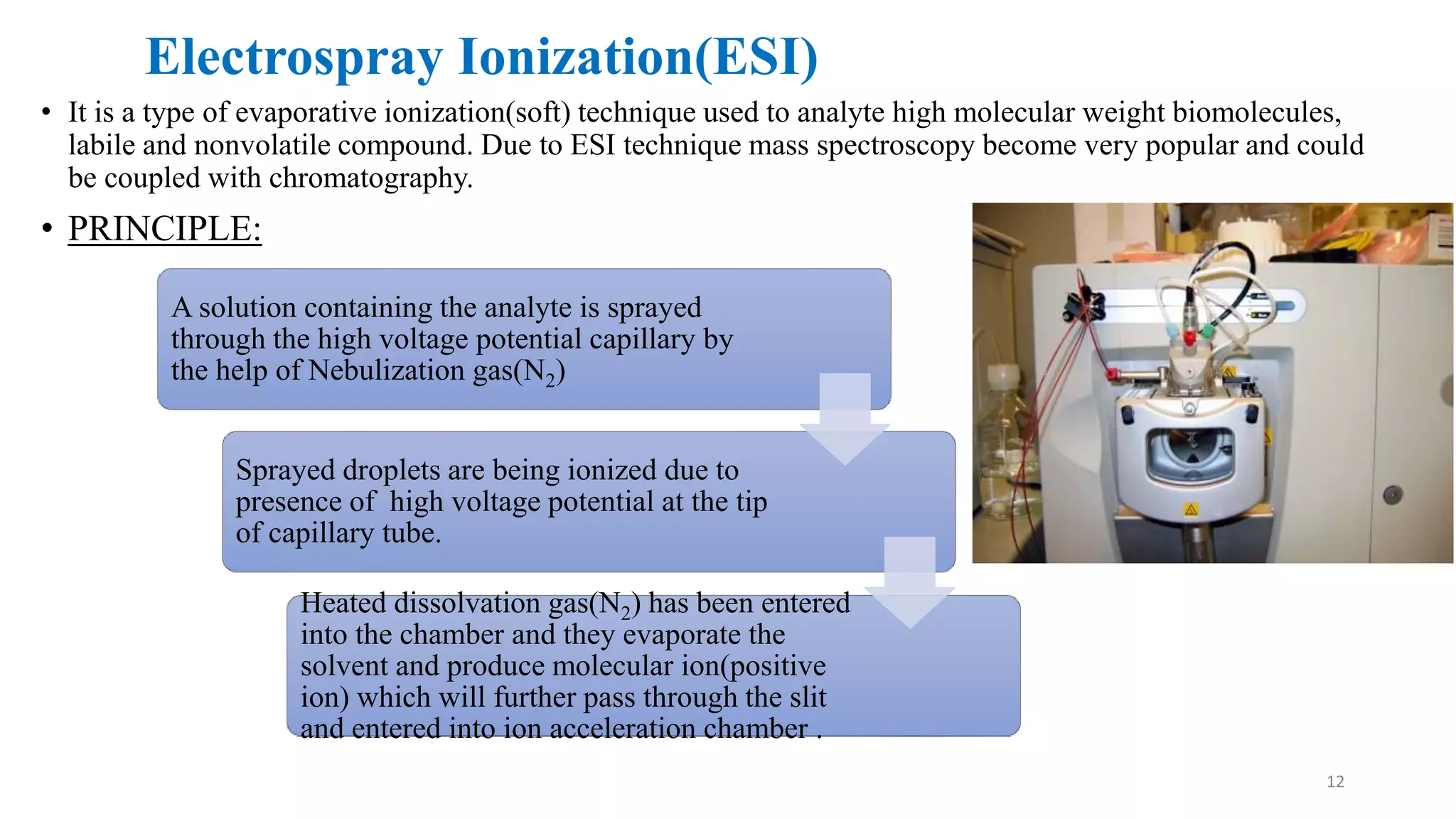 Electrospray Ionization(ESI)
12
• It is a type of evaporative ionization(soft) technique used to analyte high molecular weight biomolecules,
labile and nonvolatile compound. Due to ESI technique mass spectroscopy become very popular and could
be coupled with chromatography.
• PRINCIPLE:
A solution containing the analyte is sprayed
through the high voltage potential capillary by
the help of Nebulization gas(N2)
Sprayed droplets are being ionized due to
presence of high voltage potential at the tip
of capillary tube.
Heated dissolvation gas(N2) has been entered
into the chamber and they evaporate the
solvent and produce molecular ion(positive
ion) which will further pass through the slit
and entered into ion acceleration chamber .
 