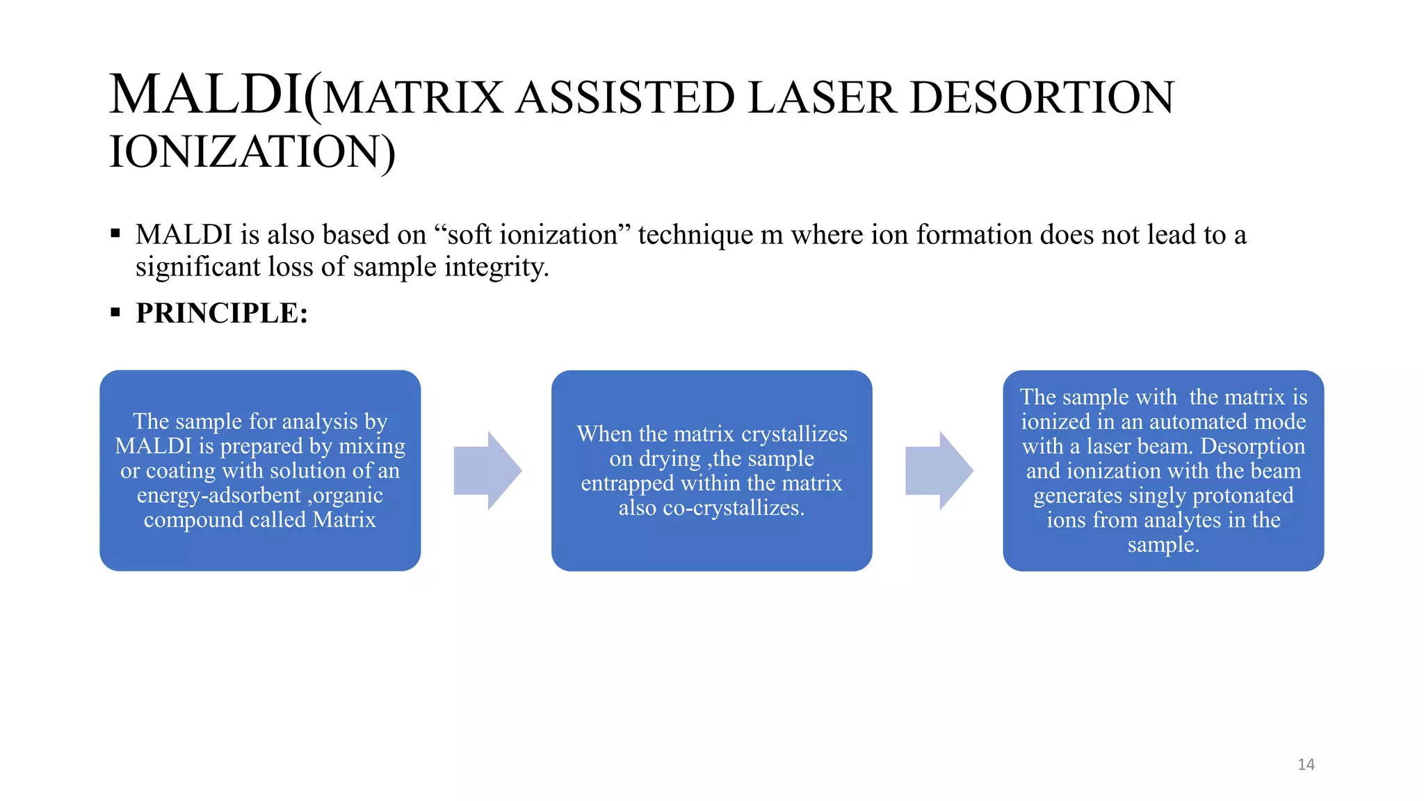MALDI(MATRIX ASSISTED LASER DESORTION
IONIZATION)
 MALDI is also based on “soft ionization” technique m where ion formation does not lead to a
significant loss of sample integrity.
 PRINCIPLE:
14
The sample for analysis by
MALDI is prepared by mixing
or coating with solution of an
energy-adsorbent ,organic
compound called Matrix
When the matrix crystallizes
on drying ,the sample
entrapped within the matrix
also co-crystallizes.
The sample with the matrix is
ionized in an automated mode
with a laser beam. Desorption
and ionization with the beam
generates singly protonated
ions from analytes in the
sample.
 