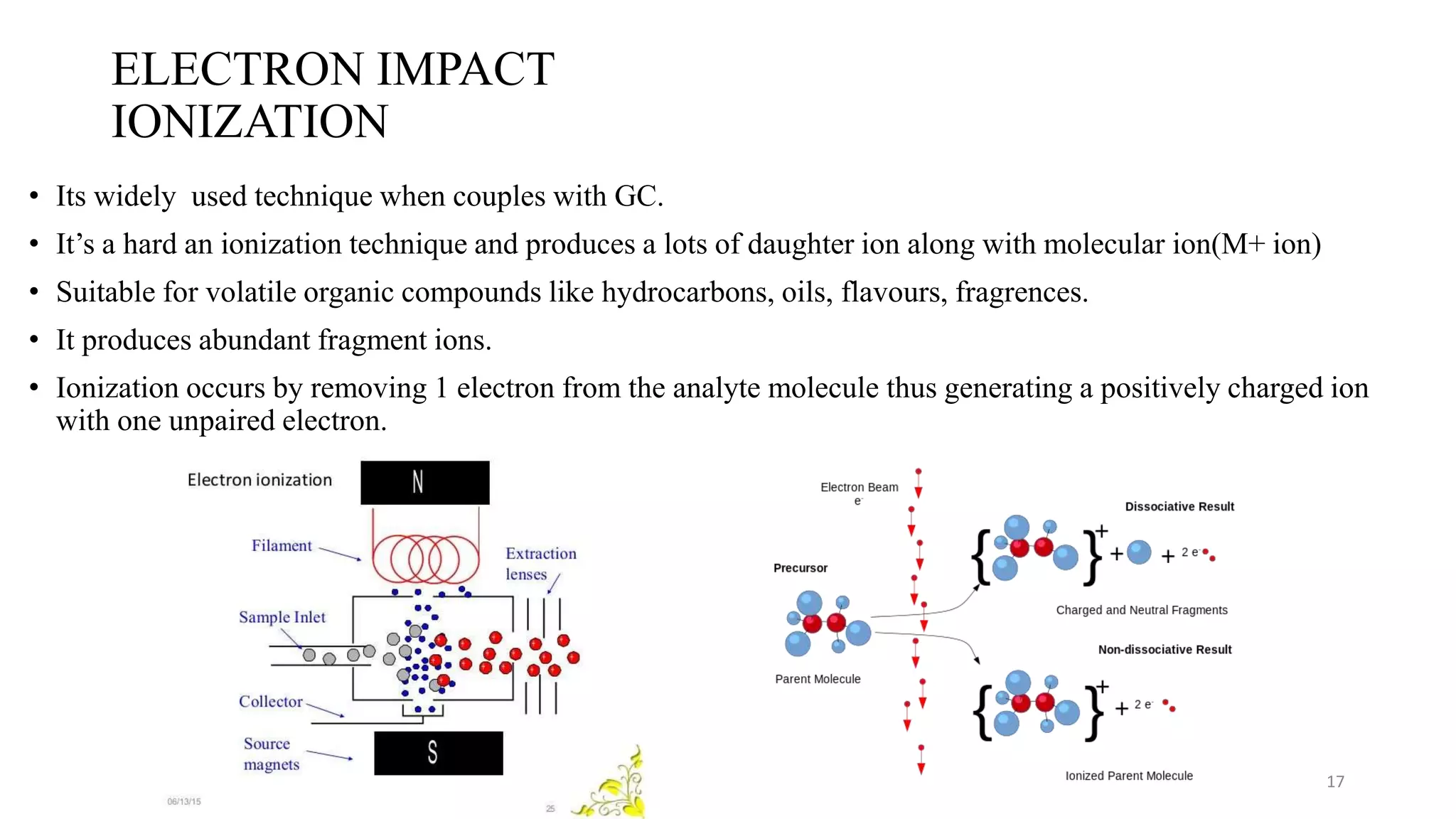 ELECTRON IMPACT
IONIZATION
• Its widely used technique when couples with GC.
• It’s a hard an ionization technique and produces a lots of daughter ion along with molecular ion(M+ ion)
• Suitable for volatile organic compounds like hydrocarbons, oils, flavours, fragrences.
• It produces abundant fragment ions.
• Ionization occurs by removing 1 electron from the analyte molecule thus generating a positively charged ion
with one unpaired electron.
17
 