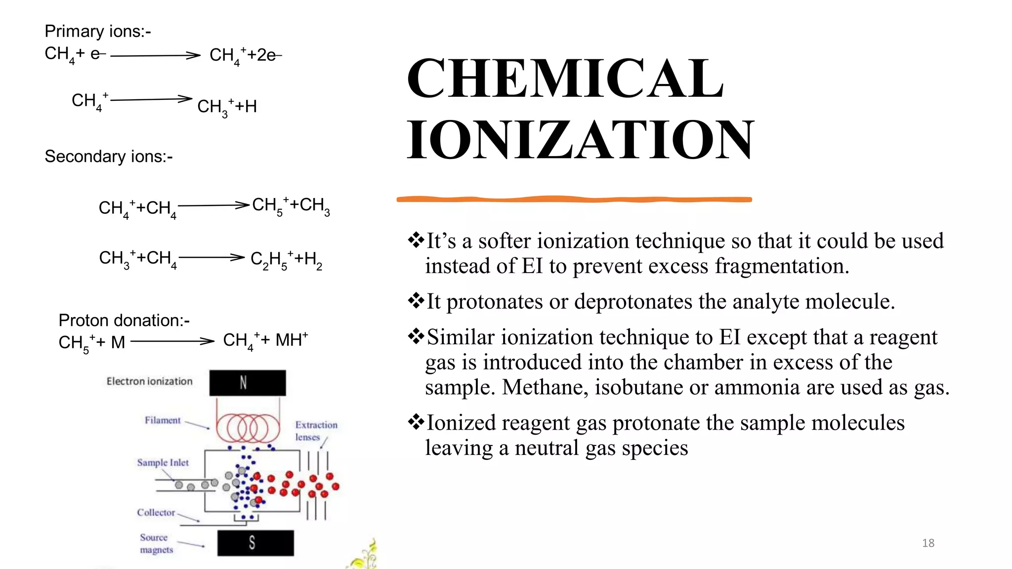 CHEMICAL
IONIZATION
It’s a softer ionization technique so that it could be used
instead of EI to prevent excess fragmentation.
It protonates or deprotonates the analyte molecule.
Similar ionization technique to EI except that a reagent
gas is introduced into the chamber in excess of the
sample. Methane, isobutane or ammonia are used as gas.
Ionized reagent gas protonate the sample molecules
leaving a neutral gas species
18
Primary ions:-
CH4
+ e_
CH4
+
+2e_
CH4
+
CH3
+
+H
Secondary ions:-
CH4
+
+CH4
CH5
+
+CH3
CH3
+
+CH4 C2
H5
+
+H2
Proton donation:-
CH5
+
+ M CH4
+
+ MH+
 