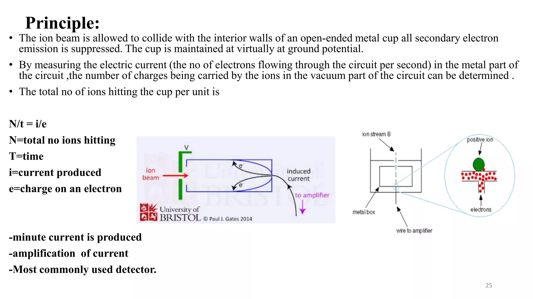 Principle:
• The ion beam is allowed to collide with the interior walls of an open-ended metal cup all secondary electron
emission is suppressed. The cup is maintained at virtually at ground potential.
• By measuring the electric current (the no of electrons flowing through the circuit per second) in the metal part of
the circuit ,the number of charges being carried by the ions in the vacuum part of the circuit can be determined .
• The total no of ions hitting the cup per unit is
N/t = i/e
N=total no ions hitting
T=time
i=current produced
e=charge on an electron
-minute current is produced
-amplification of current
-Most commonly used detector.
25
 