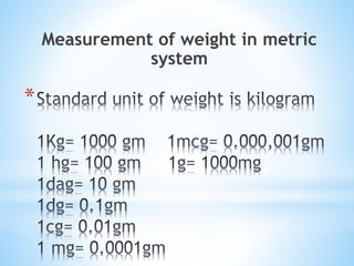 *
Measurement of weight in metric
system
 