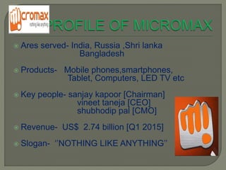  Ares served- India, Russia ,Shri lanka
Bangladesh
 Products- Mobile phones,smartphones,
Tablet, Computers, LED TV etc
 Key people- sanjay kapoor [Chairman]
vineet taneja [CEO]
shubhodip pal [CMO]
 Revenue- US$ 2.74 billion [Q1 2015]
 Slogan- ‘’NOTHING LIKE ANYTHING’’
 