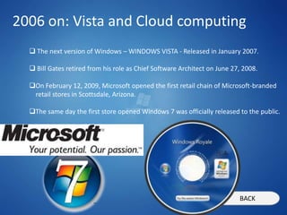 2006 on: Vista and Cloud computing
   The next version of Windows – WINDOWS VISTA - Released in January 2007.

   Bill Gates retired from his role as Chief Software Architect on June 27, 2008.

  On February 12, 2009, Microsoft opened the first retail chain of Microsoft-branded
   retail stores in Scottsdale, Arizona.

  The same day the first store opened Windows 7 was officially released to the public.




                                                                           BACK
 