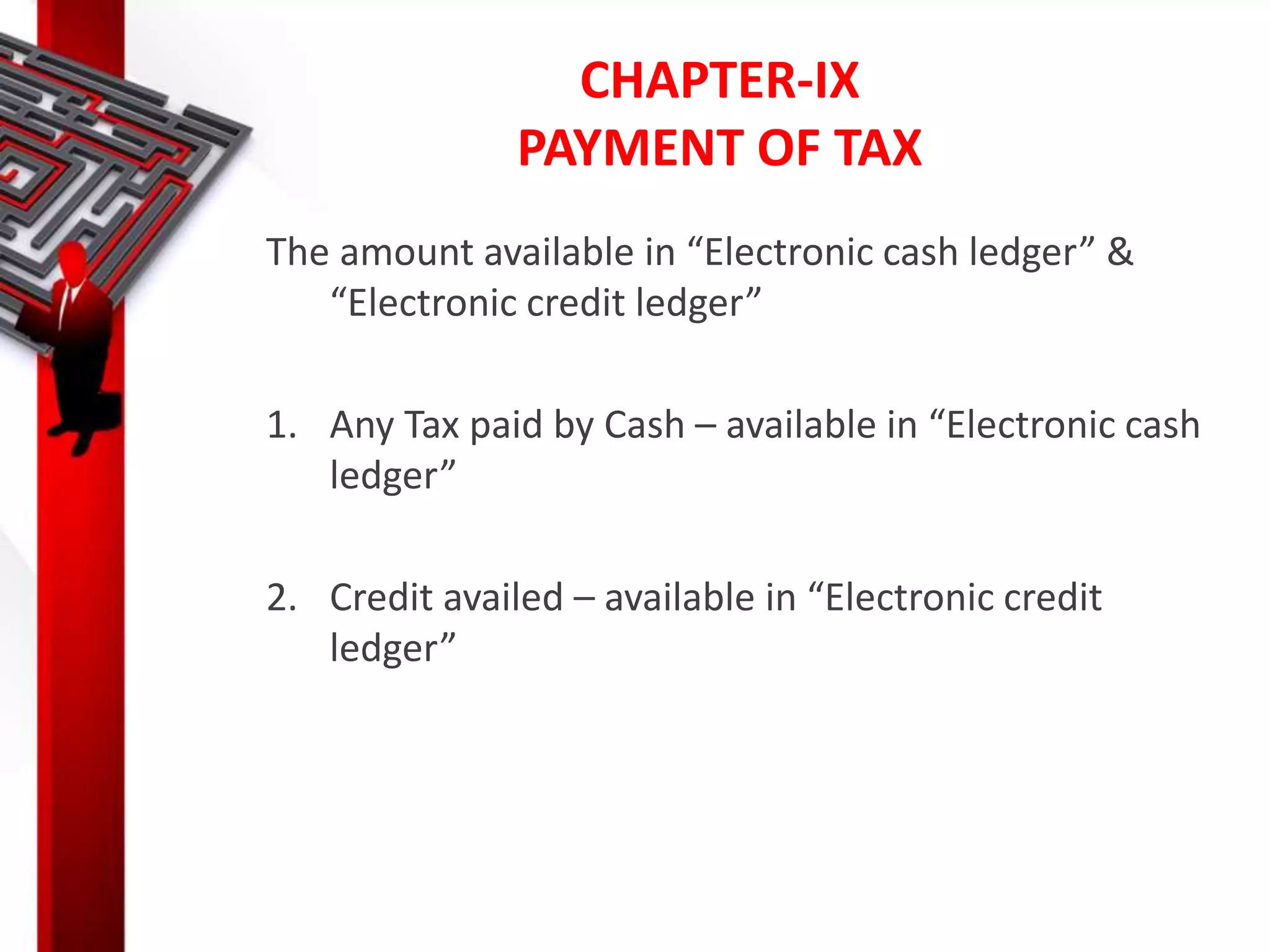 CHAPTER-IX
PAYMENT OF TAX
The amount available in “Electronic cash ledger” &
“Electronic credit ledger”
1. Any Tax paid by Cash – available in “Electronic cash
ledger”
2. Credit availed – available in “Electronic credit
ledger”
 