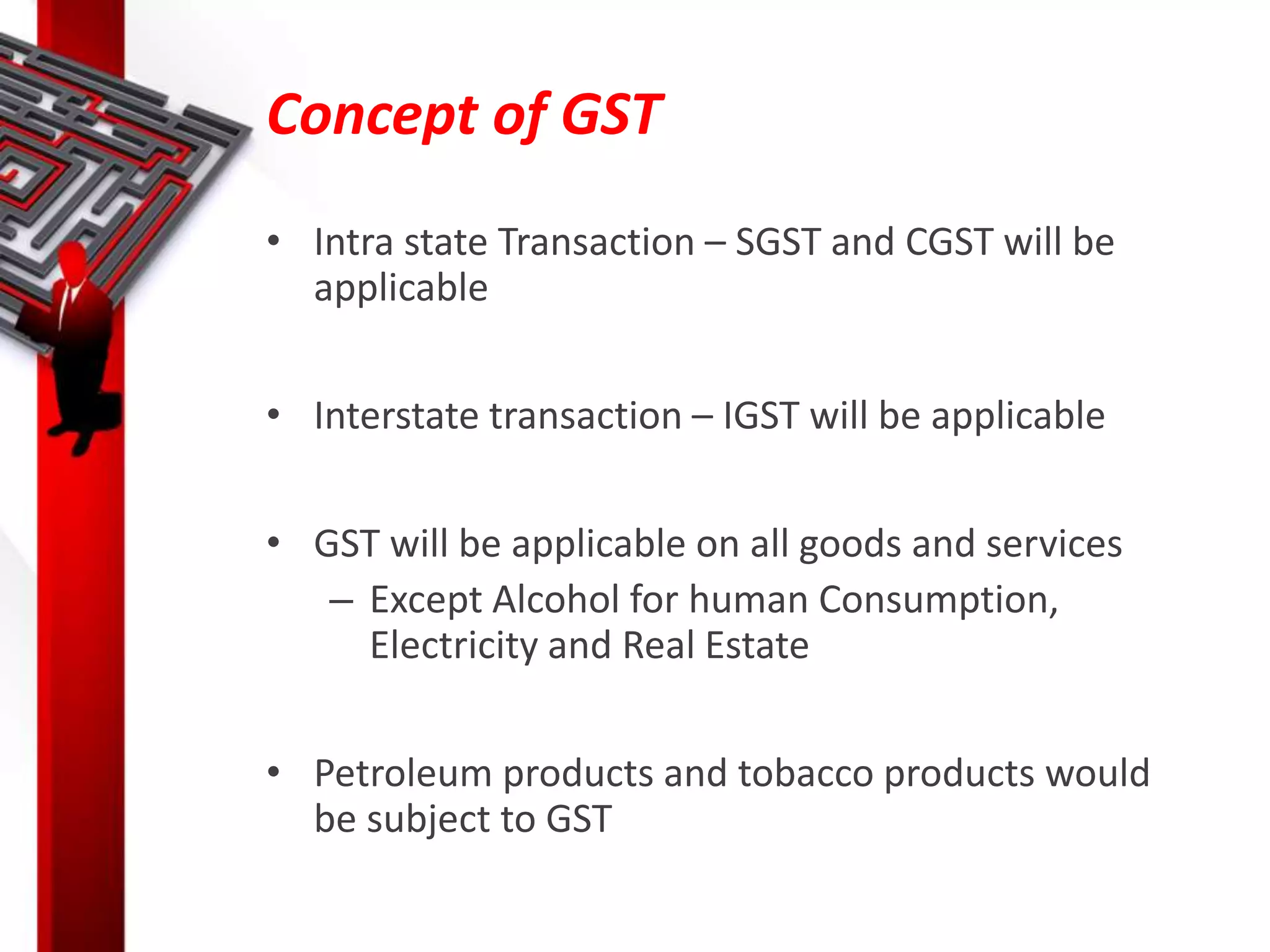 Concept of GST
• Intra state Transaction – SGST and CGST will be
applicable
• Interstate transaction – IGST will be applicable
• GST will be applicable on all goods and services
– Except Alcohol for human Consumption,
Electricity and Real Estate
• Petroleum products and tobacco products would
be subject to GST
 