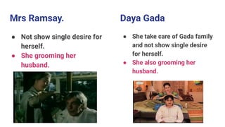 Mrs Ramsay. Daya Gada
● Not show single desire for
herself.
● She grooming her
husband.
● She take care of Gada family
and not show single desire
for herself.
● She also grooming her
husband.
 