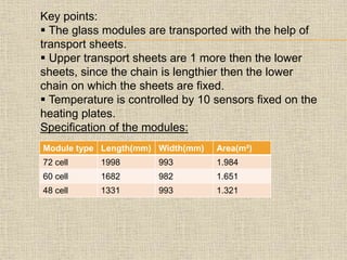 Key points:
 The glass modules are transported with the help of
transport sheets.
 Upper transport sheets are 1 more then the lower
sheets, since the chain is lengthier then the lower
chain on which the sheets are fixed.
 Temperature is controlled by 10 sensors fixed on the
heating plates.
Specification of the modules:
Module type Length(mm) Width(mm) Area(m²)
72 cell 1998 993 1.984
60 cell 1682 982 1.651
48 cell 1331 993 1.321
 