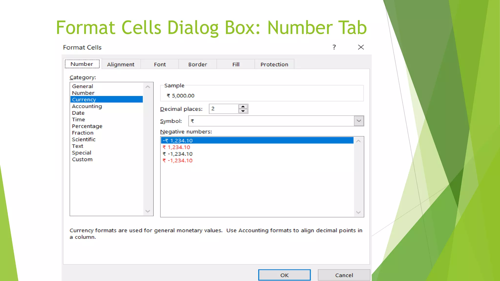 Format Cells Dialog Box: Number Tab
 
