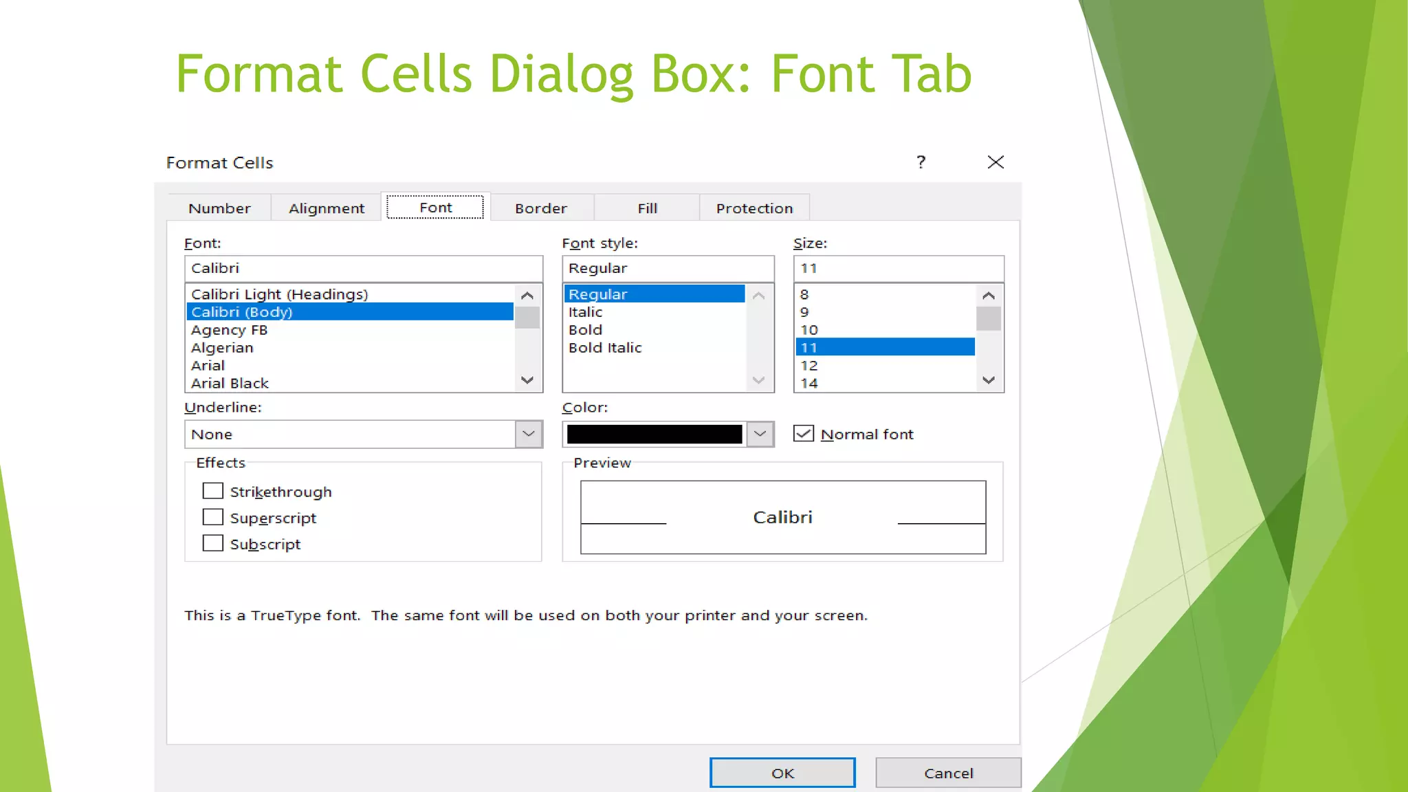 Format Cells Dialog Box: Font Tab
 