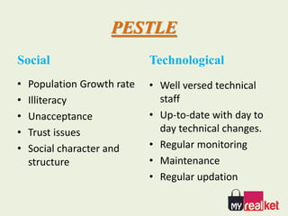 PESTLE
Social
• Population Growth rate
• Illiteracy
• Unacceptance
• Trust issues
• Social character and
structure
Technological
• Well versed technical
staff
• Up-to-date with day to
day technical changes.
• Regular monitoring
• Maintenance
• Regular updation
 