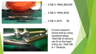 2 GB in 1980s $80,000 
2 GB in 1990s $200 
2 GB in 2010 $5 
Current research 
shows that by using 
nanotechnology, 
1000 GB of memory 
can fit on the head 
of this pin. 1000 GB 
is 1 Terabyte. 
 
